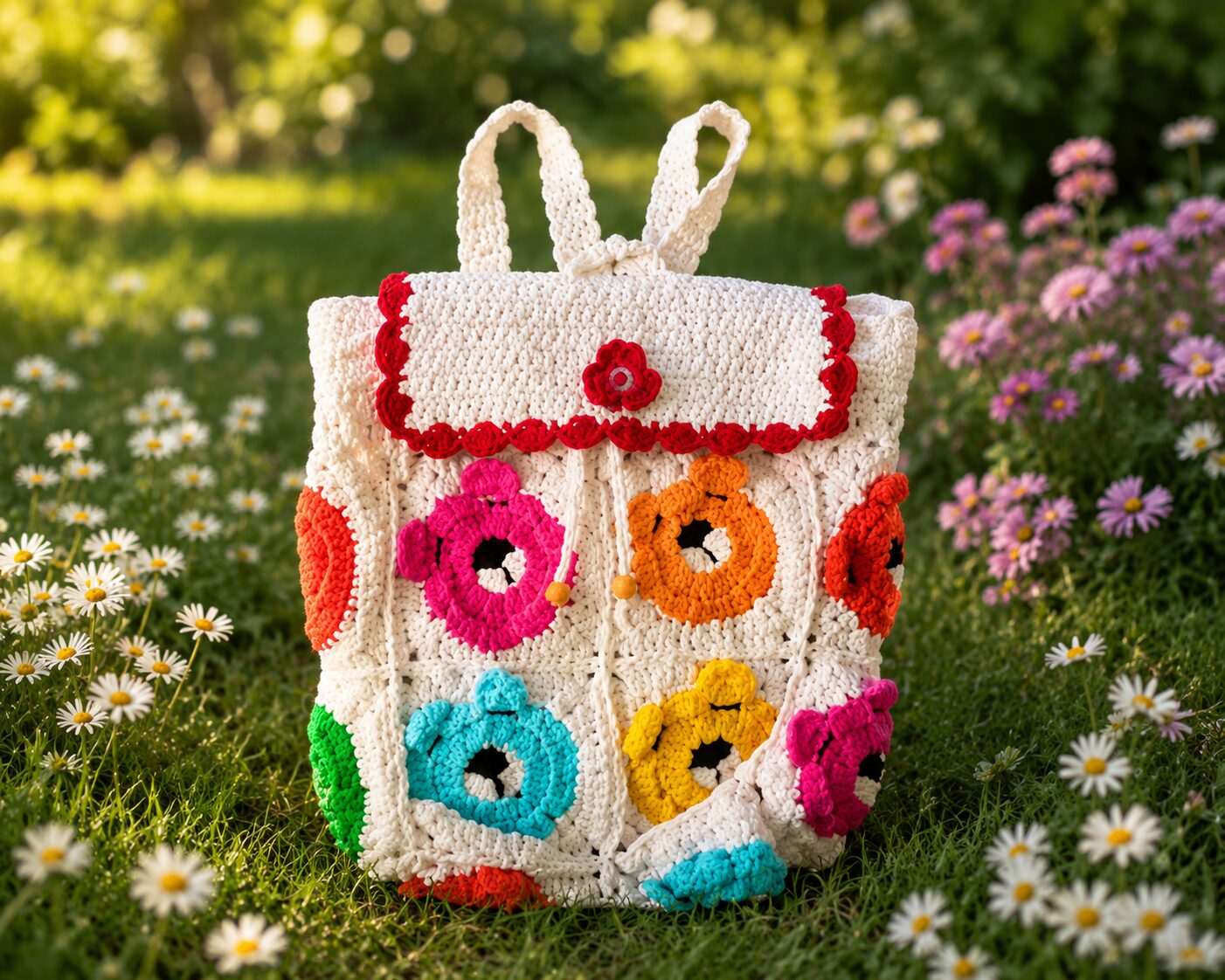 Handmade Crochet Teddy Bear Backpack With Cute Multicolor Boho Bag Design - Image 3