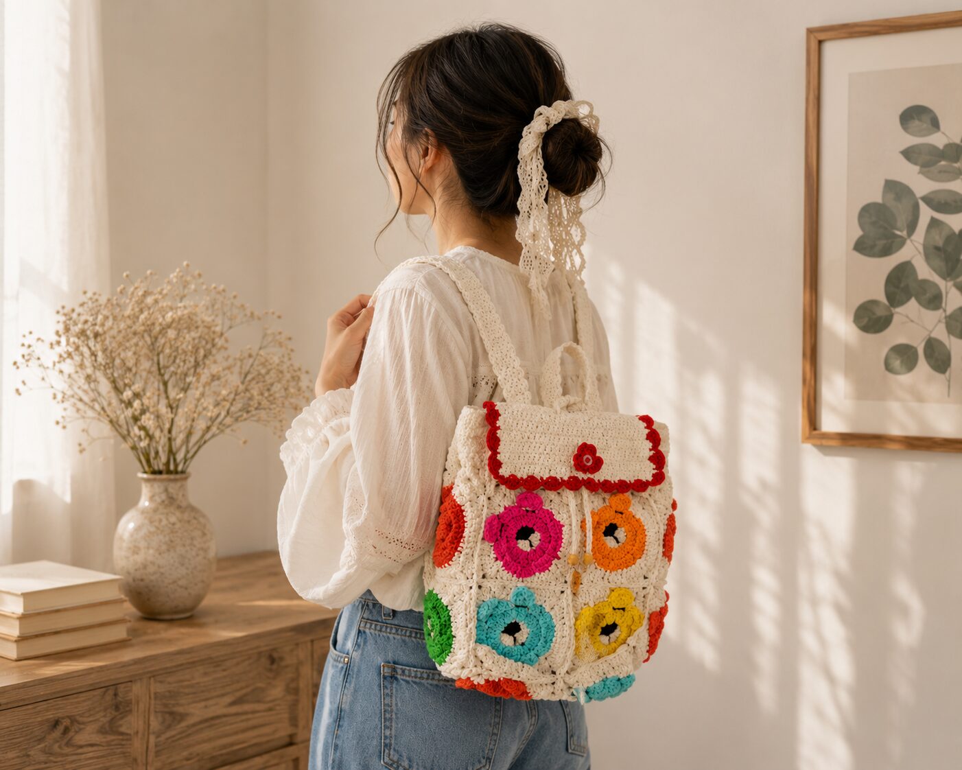 Handmade Crochet Teddy Bear Backpack With Cute Multicolor Boho Bag Design - Image 2