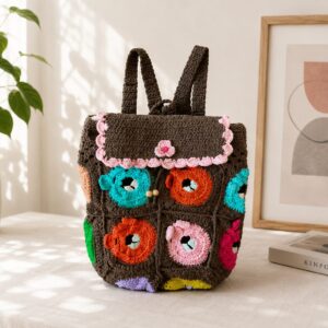 Handmade Crochet Teddy Bear Granny Square Backpack With Cute Boho Bag Design
