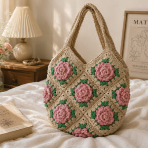 Handmade Crochet Pink Rose Granny Square Bag With Floral Boho Design