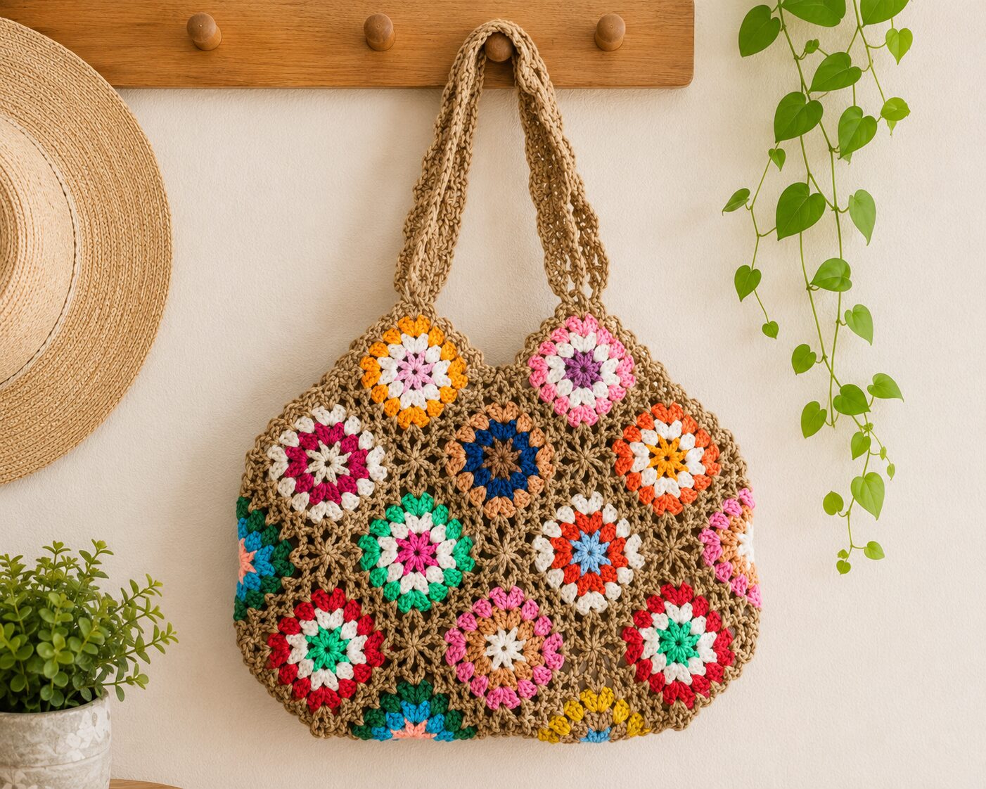 Handmade Crochet Floral Granny Square Tote With Beige Boho Shoulder Bag - Image 3