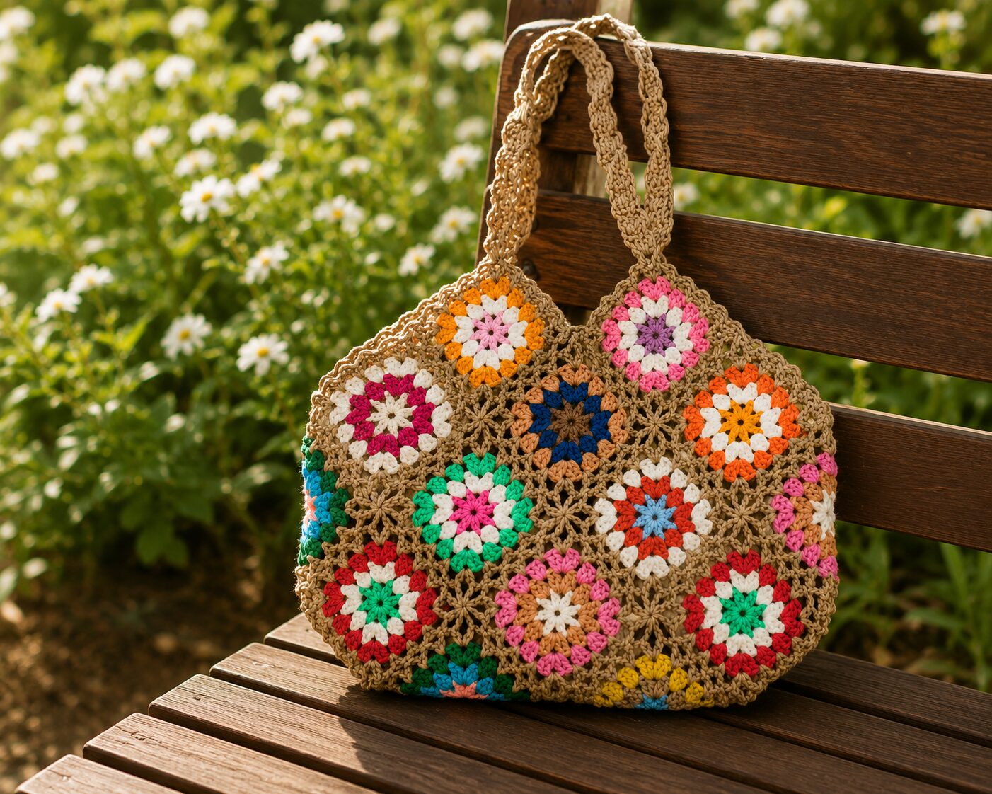 Handmade Crochet Floral Granny Square Tote With Beige Boho Shoulder Bag - Image 2