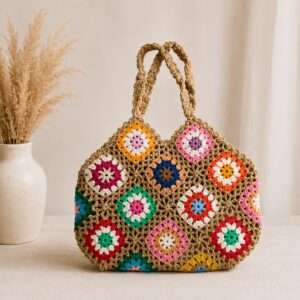 Handmade Crochet Floral Granny Square Tote With Beige Boho Shoulder Bag
