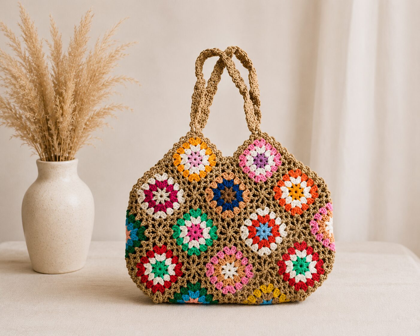 Handmade Crochet Floral Granny Square Tote With Beige Boho Shoulder Bag