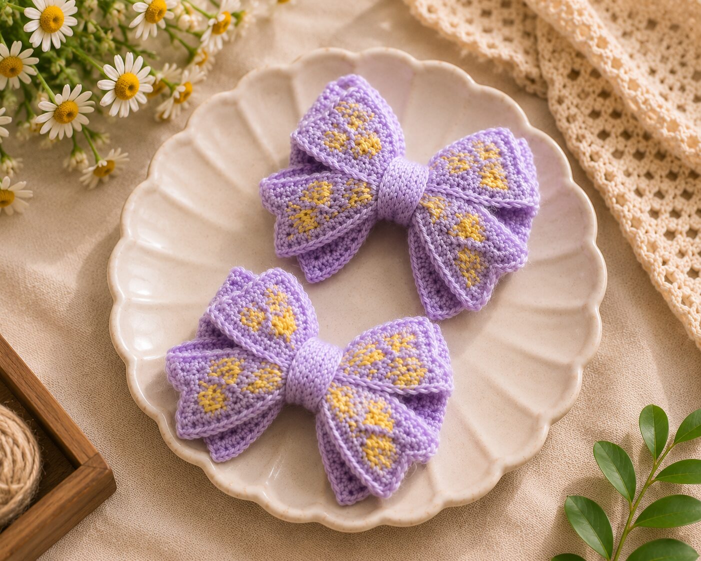 Handmade Lavender Crochet Bow Hair Clips Floral Girls Hair Accessories - Image 2