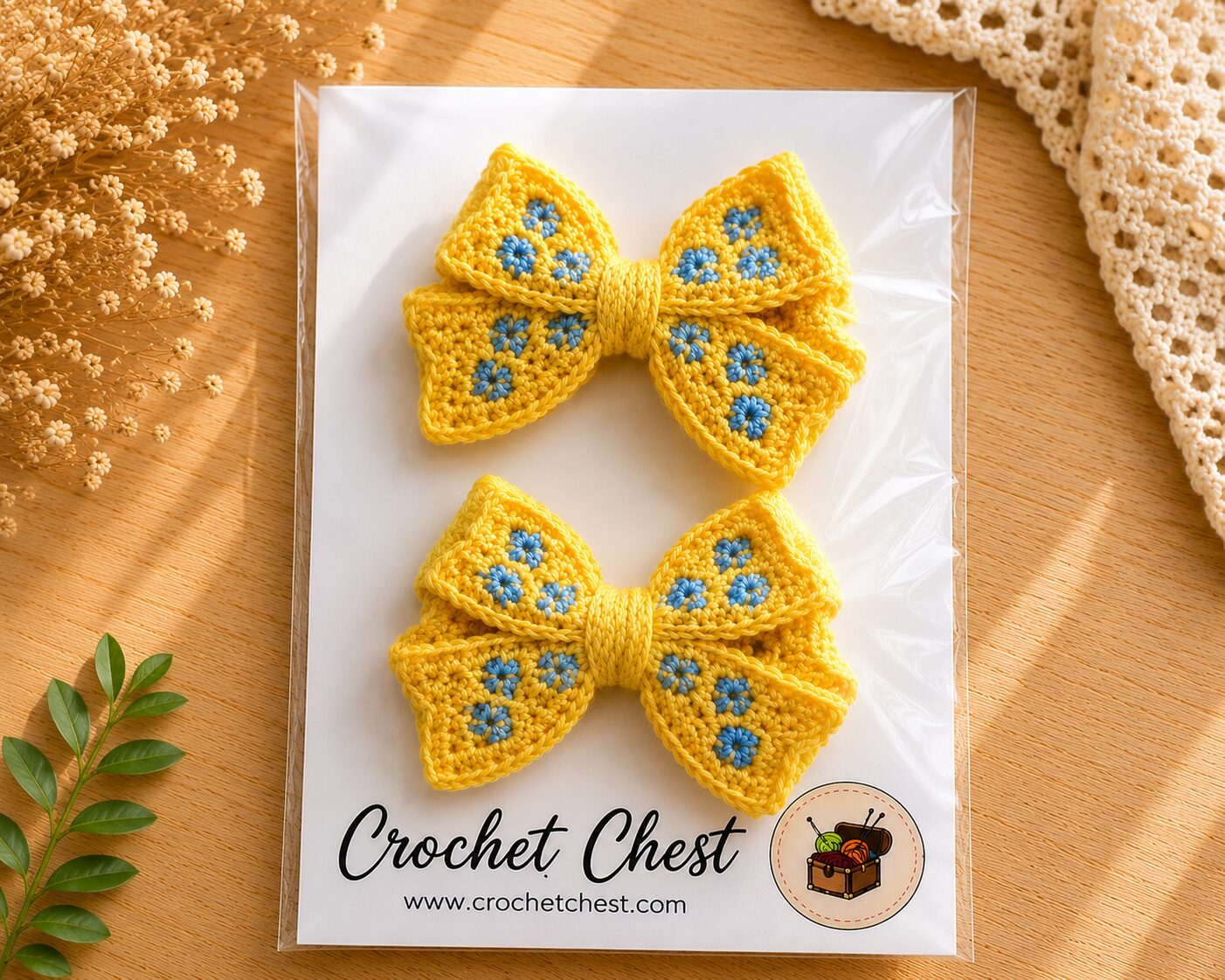 Handmade Yellow Crochet Bow Hair Clips Floral Girls Hair Accessories