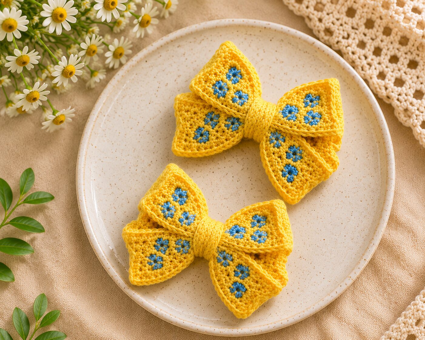 Handmade Yellow Crochet Bow Hair Clips Floral Girls Hair Accessories - Image 2