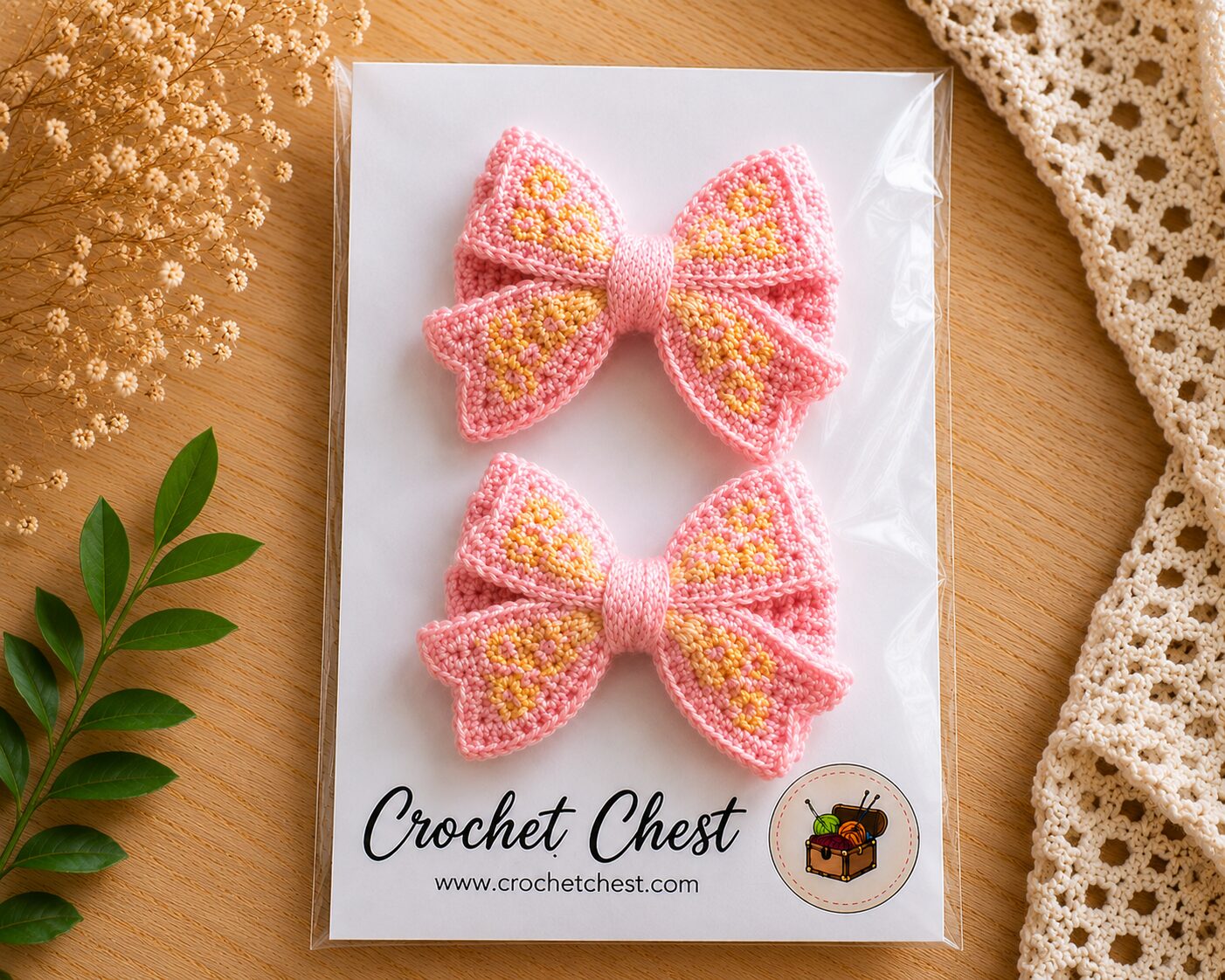 Handmade Pink Crochet Bow Hair Clips Floral Girls Hair Accessories