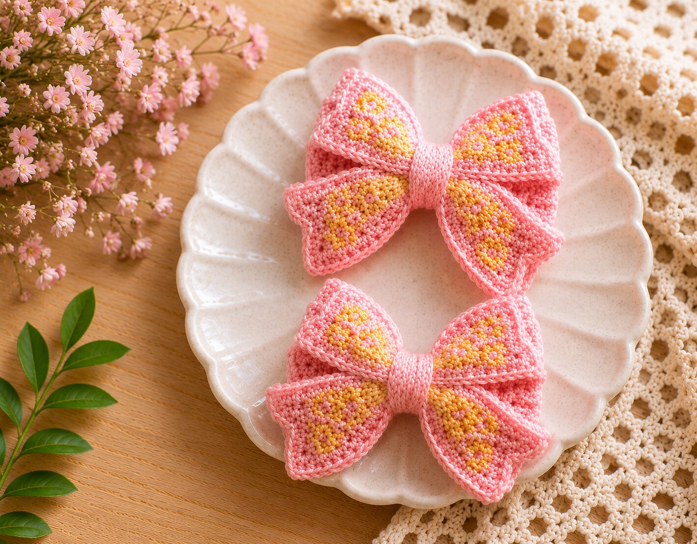 Handmade Pink Crochet Bow Hair Clips Floral Girls Hair Accessories - Image 2