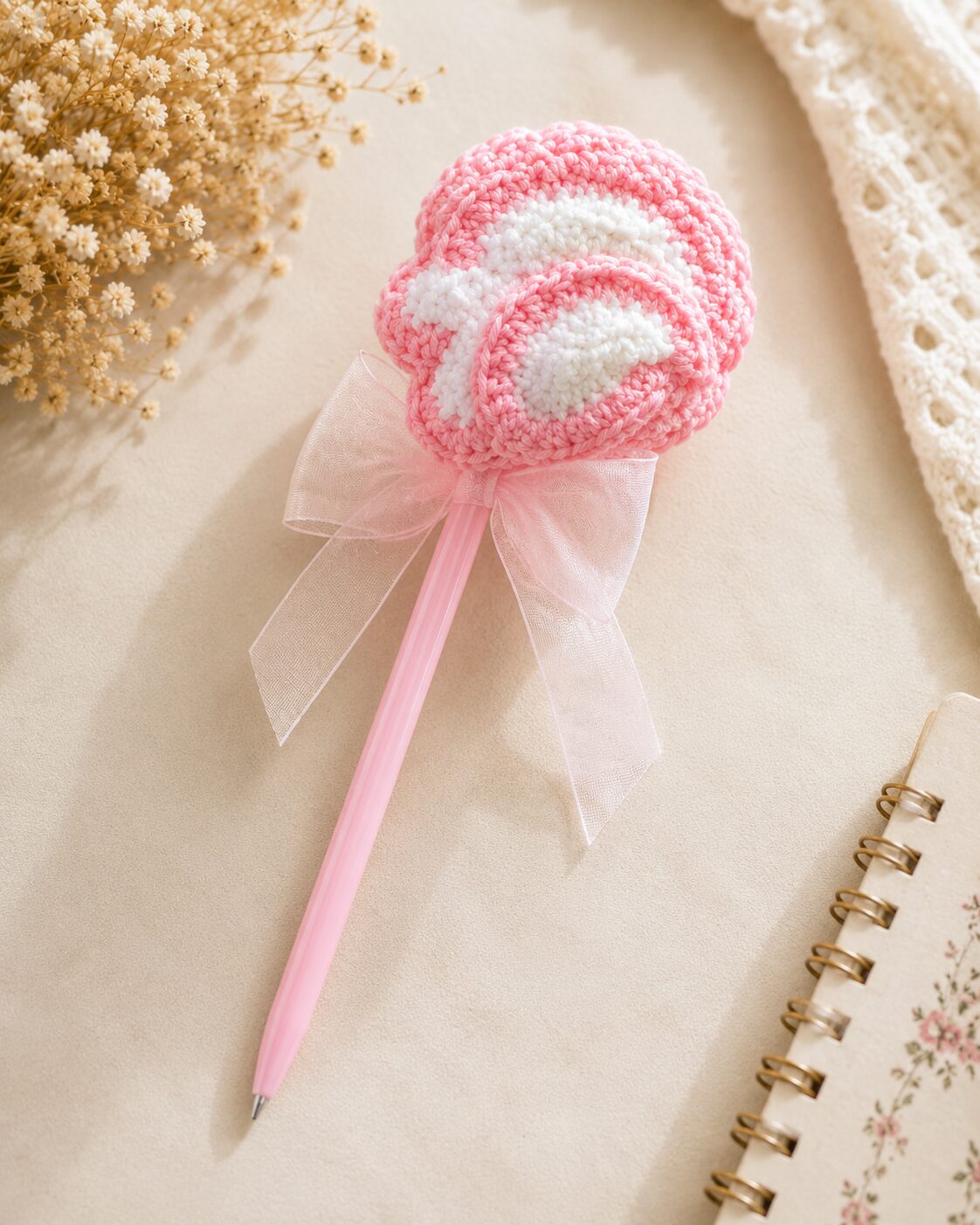 Handmade Crochet Lollipop Pen Cute Decorative Floral Writing Accessory