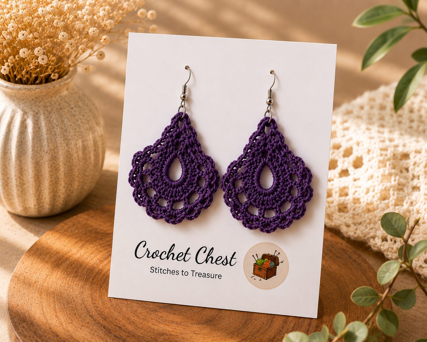 Handmade Purple Crochet Lace Earrings Lightweight Boho Dangle Jewelry