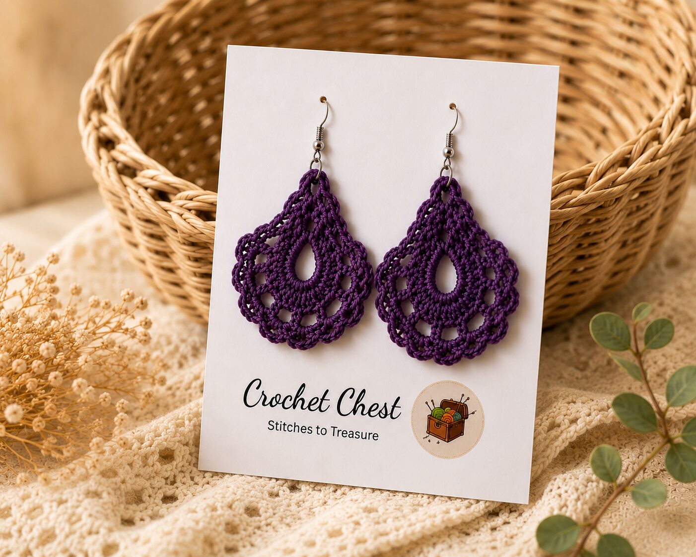 Handmade Purple Crochet Lace Earrings Lightweight Boho Dangle Jewelry - Image 3