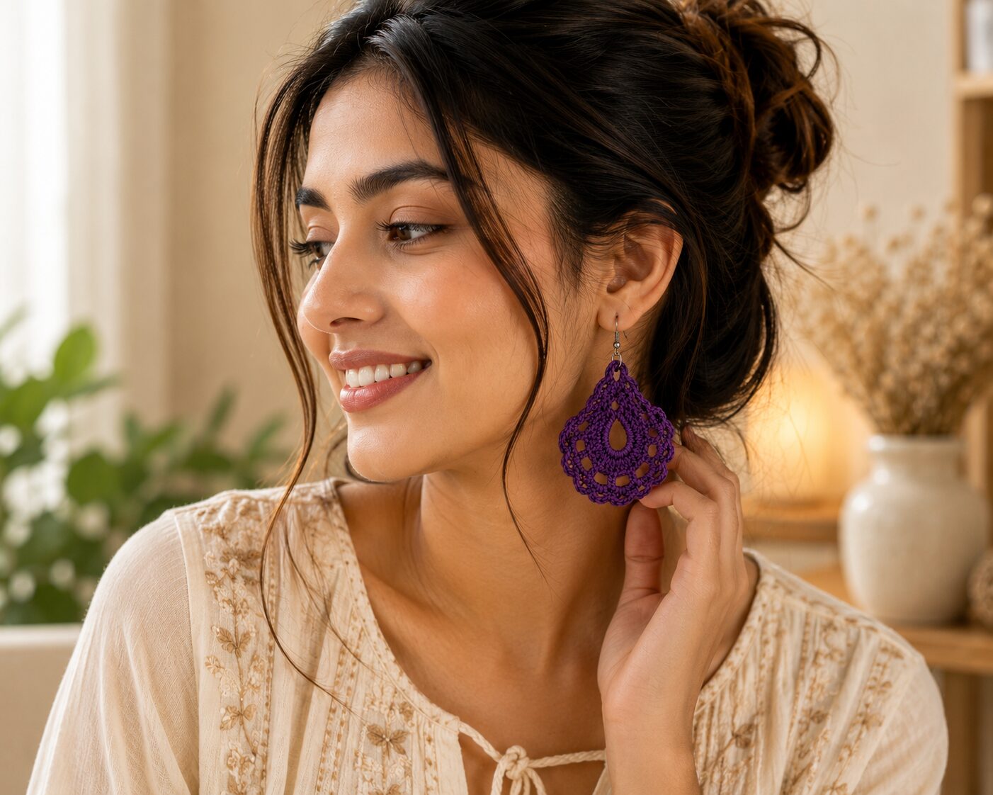 Handmade Purple Crochet Lace Earrings Lightweight Boho Dangle Jewelry - Image 2
