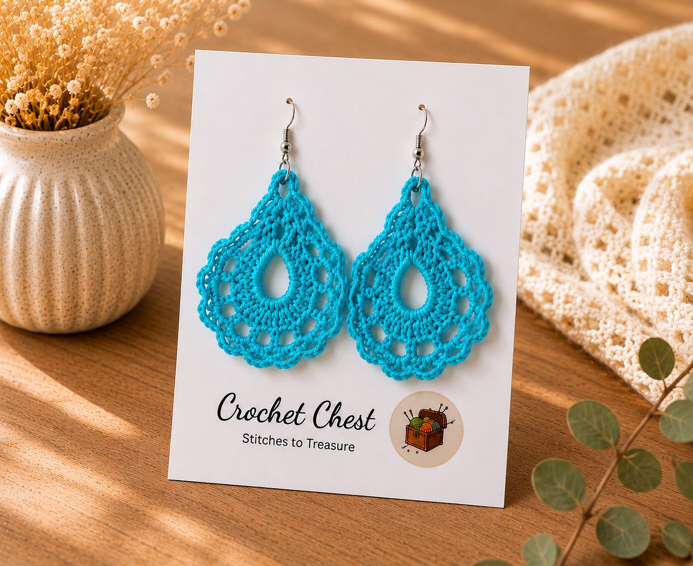 Handmade Turquoise Crochet Lace Earrings Lightweight Boho Dangle Jewelry