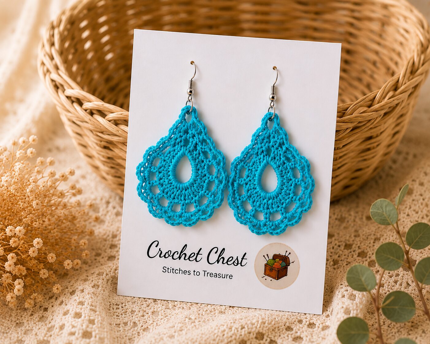 Handmade Turquoise Crochet Lace Earrings Lightweight Boho Dangle Jewelry - Image 3