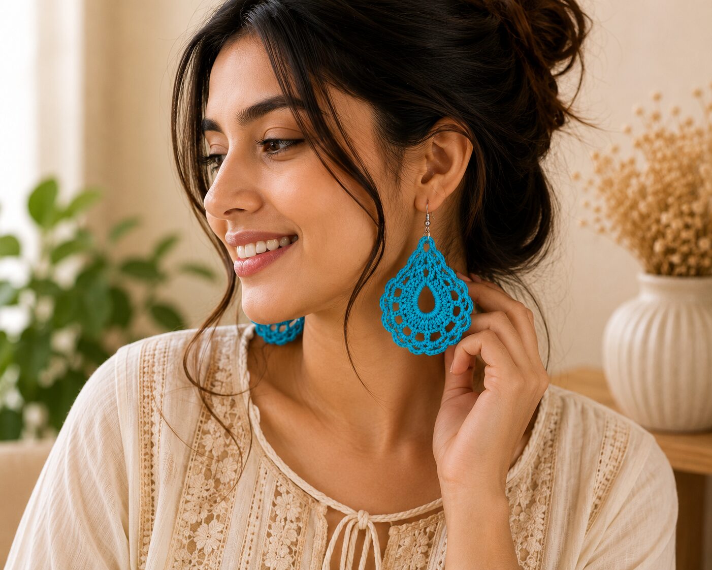 Handmade Turquoise Crochet Lace Earrings Lightweight Boho Dangle Jewelry - Image 2