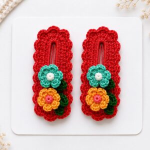 Handmade Crochet Floral Snap Hair Clips Red Decorative Barrette Set