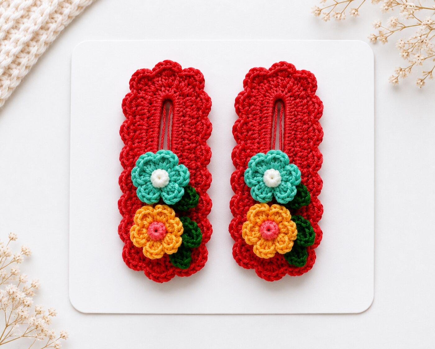 Handmade Crochet Floral Snap Hair Clips Red Decorative Barrette Set