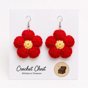 Handmade Red Crochet Flower Earrings Lightweight Floral Dangle Jewelry