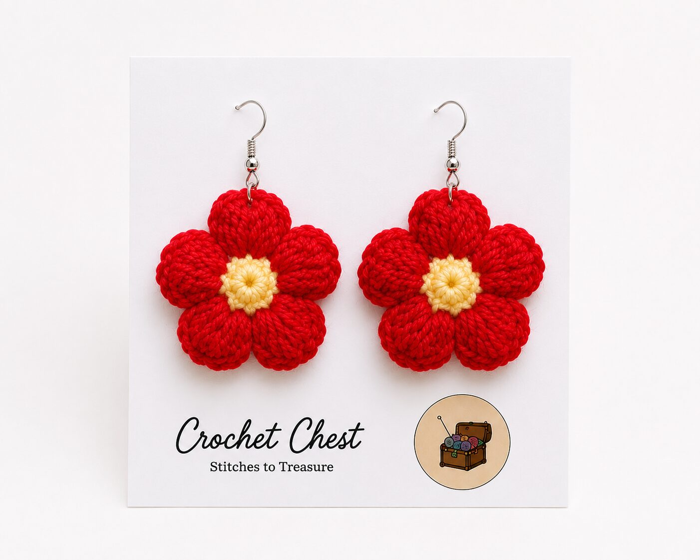 Handmade Red Crochet Flower Earrings Lightweight Floral Dangle Jewelry