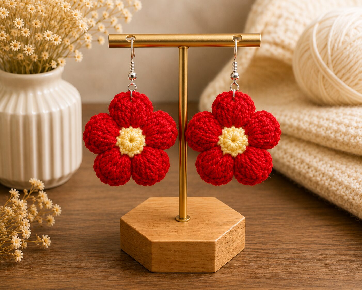 Handmade Red Crochet Flower Earrings Lightweight Floral Dangle Jewelry - Image 2
