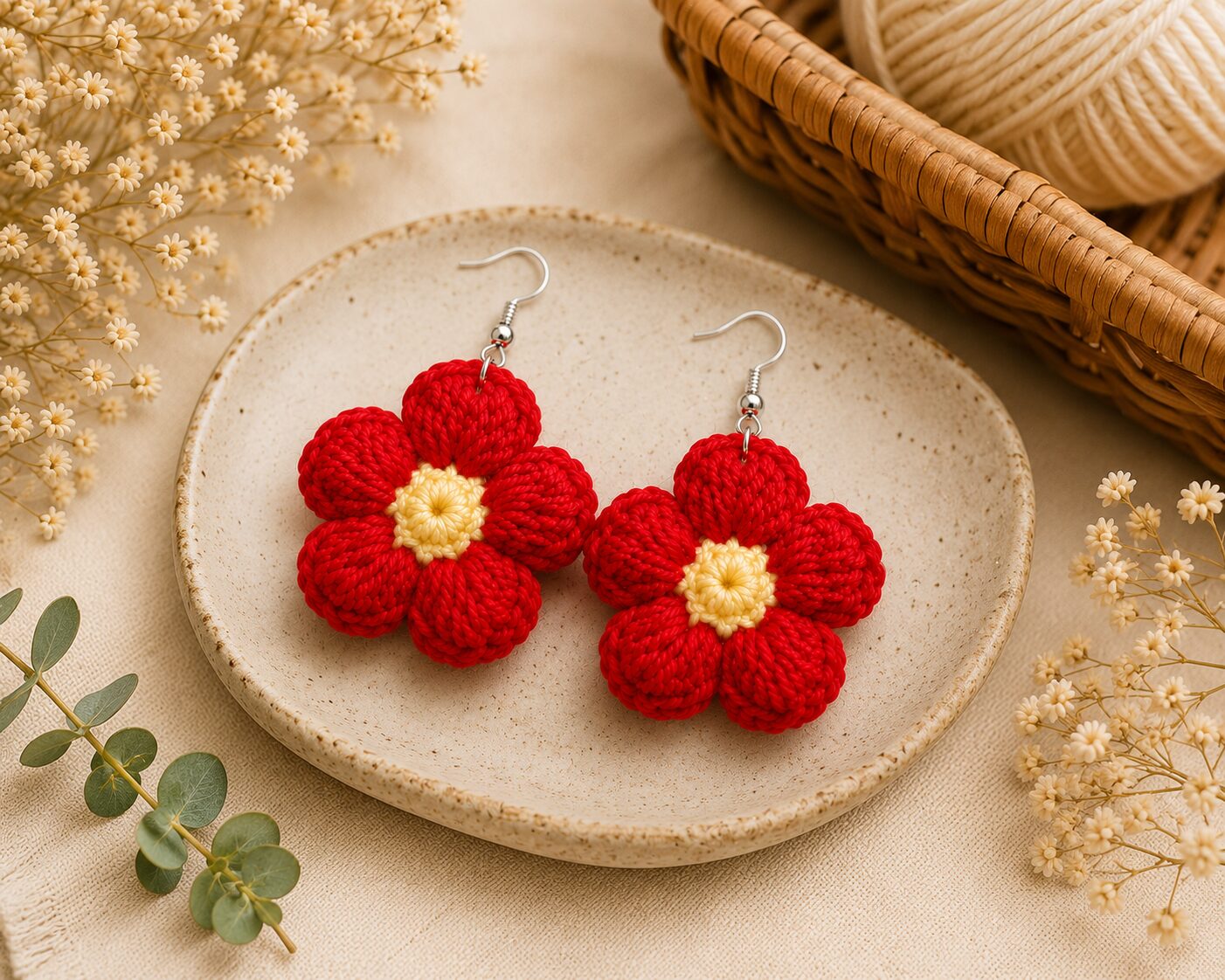 Handmade Red Crochet Flower Earrings Lightweight Floral Dangle Jewelry - Image 3