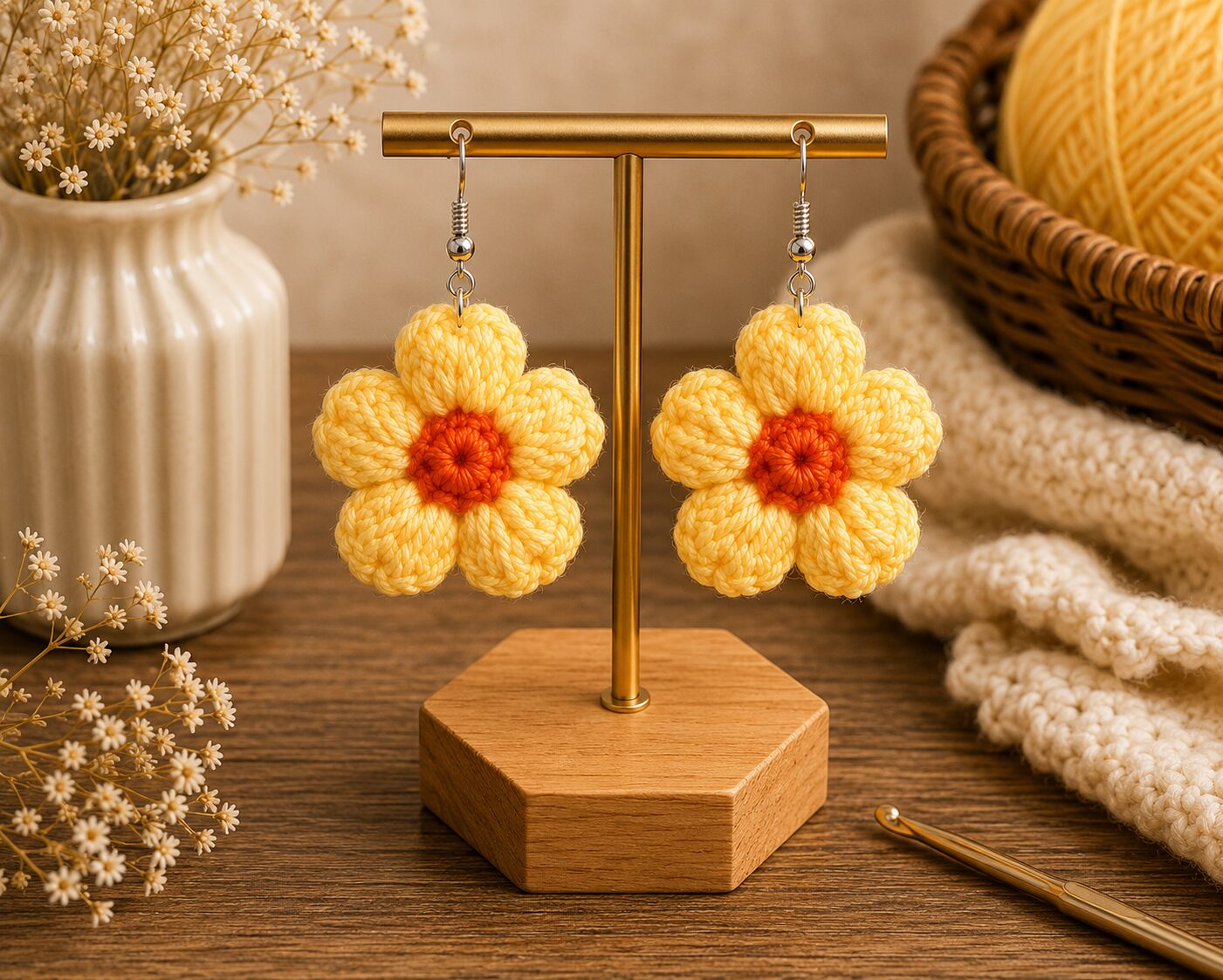 Handmade Yellow Crochet Flower Earrings Lightweight Floral Dangle Jewelry - Image 3