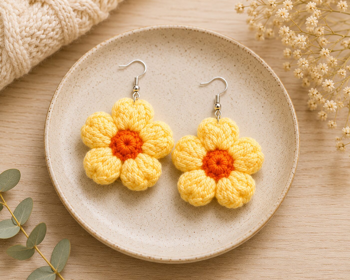 Handmade Yellow Crochet Flower Earrings Lightweight Floral Dangle Jewelry - Image 2