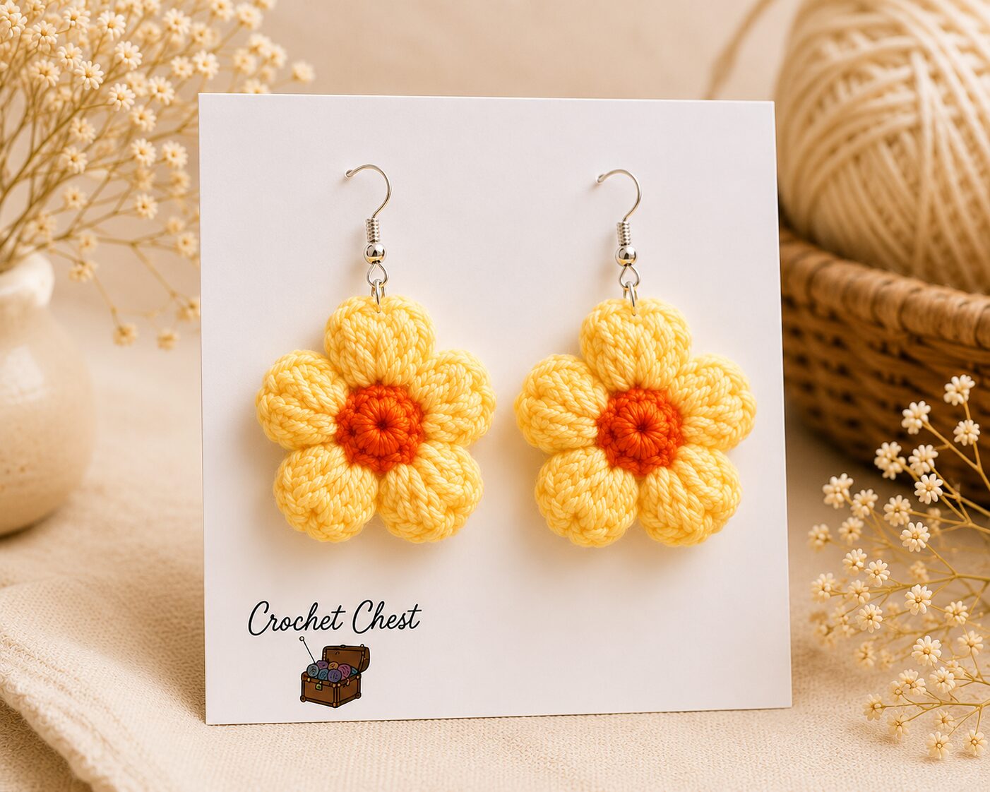 Handmade Yellow Crochet Flower Earrings Lightweight Floral Dangle Jewelry