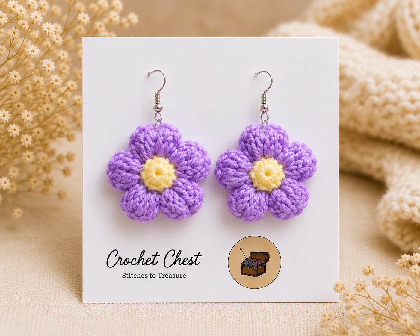 Handmade Purple Crochet Flower Earrings Lightweight Floral Dangle Jewelry