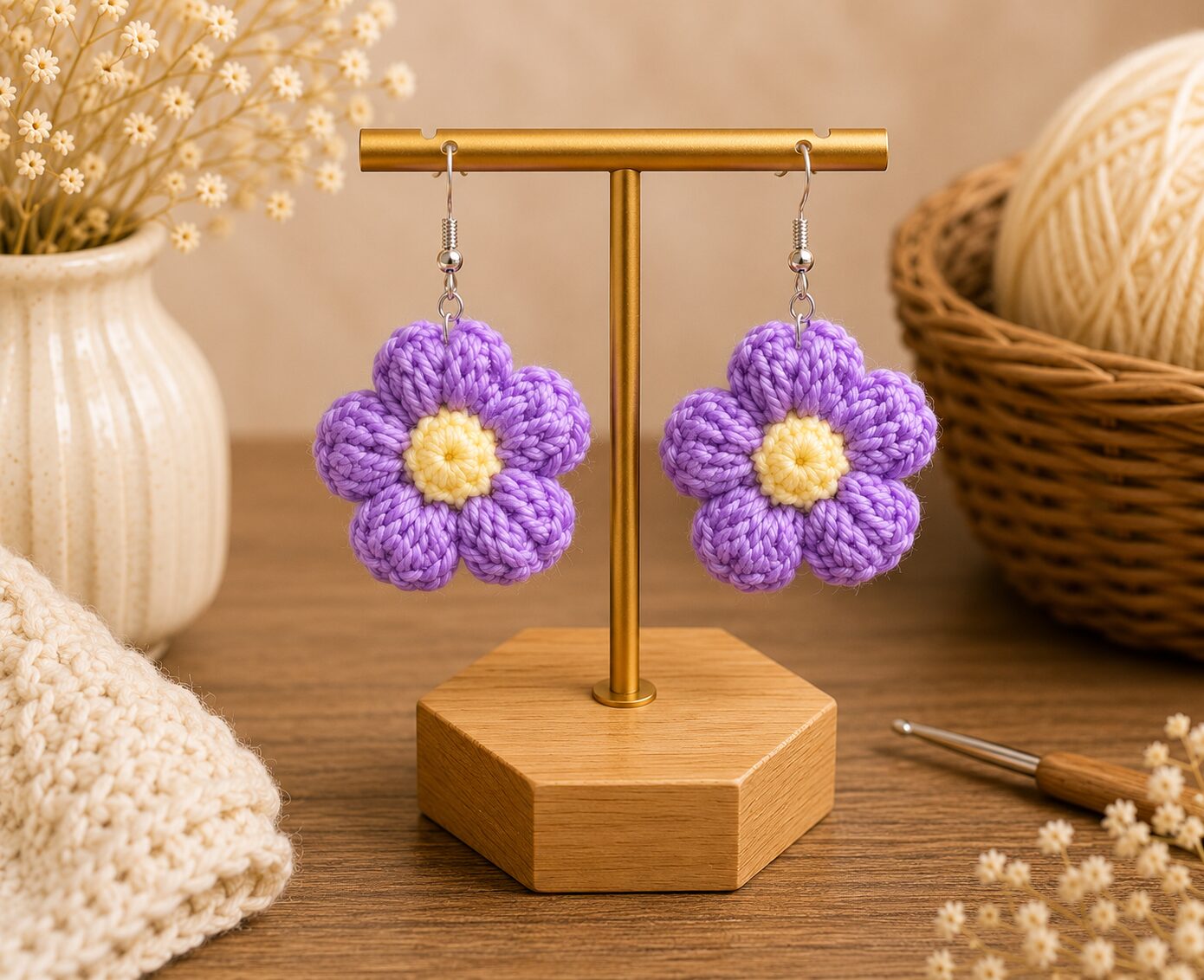 Handmade Purple Crochet Flower Earrings Lightweight Floral Dangle Jewelry - Image 2