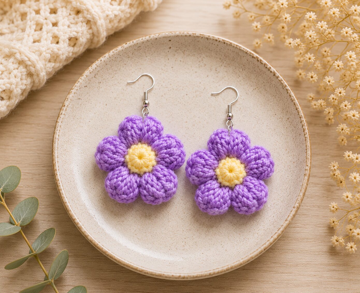Handmade Purple Crochet Flower Earrings Lightweight Floral Dangle Jewelry - Image 3