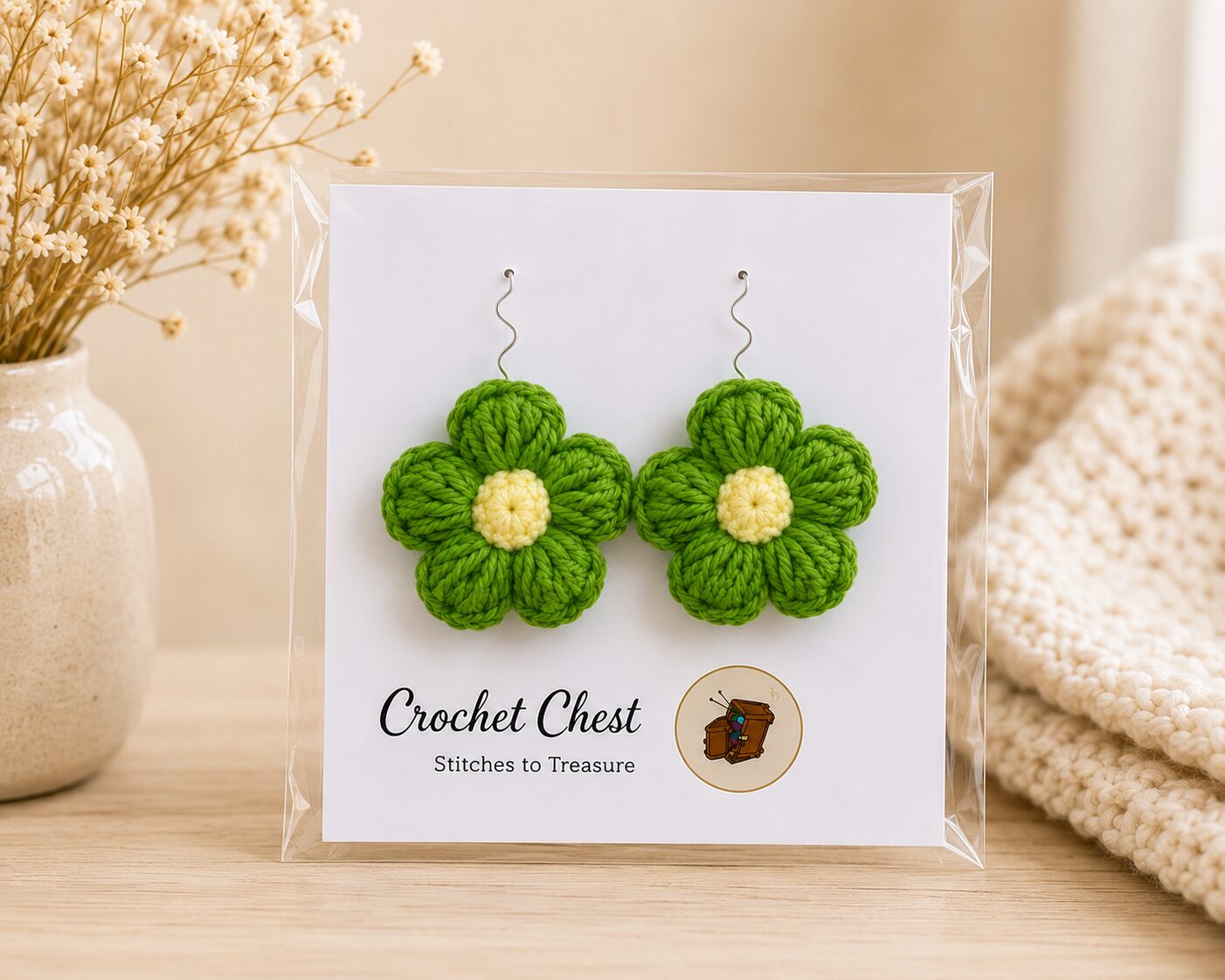 Handmade Green Crochet Flower Earrings Lightweight Floral Dangle Jewelry - Image 2