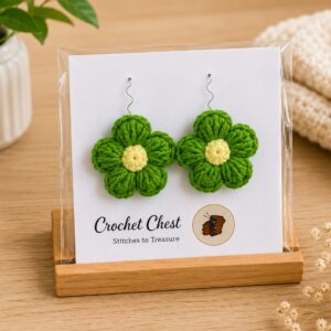 Handmade Green Crochet Flower Earrings Lightweight Floral Dangle Jewelry
