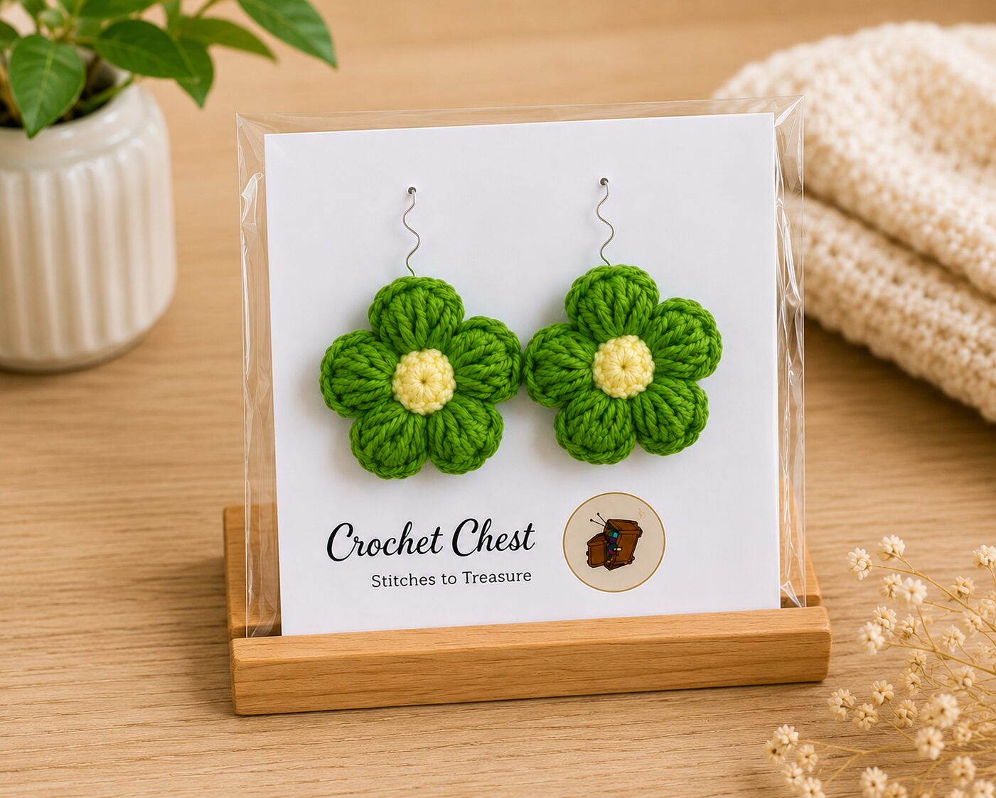 Handmade Green Crochet Flower Earrings Lightweight Floral Dangle Jewelry