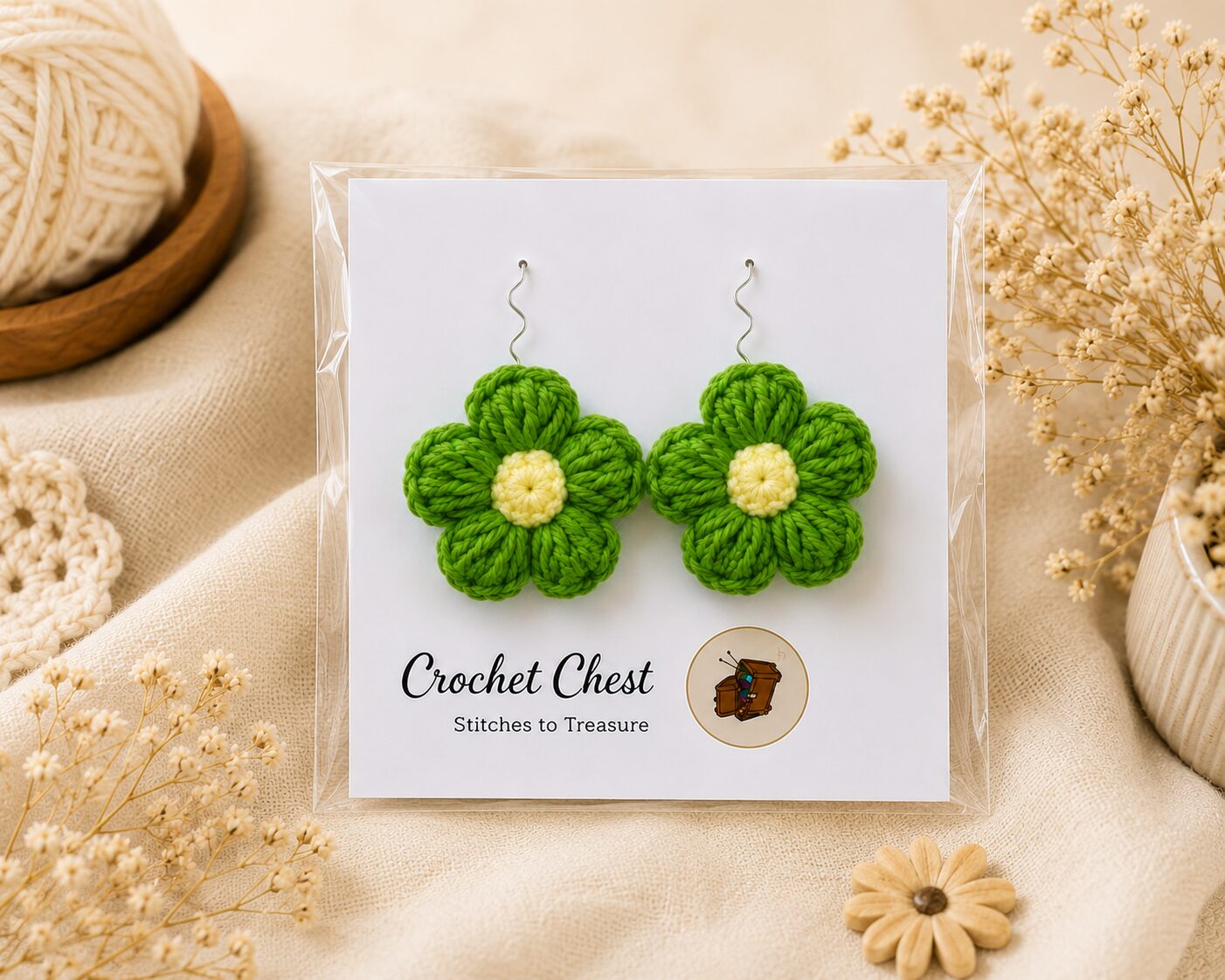 Handmade Green Crochet Flower Earrings Lightweight Floral Dangle Jewelry - Image 3