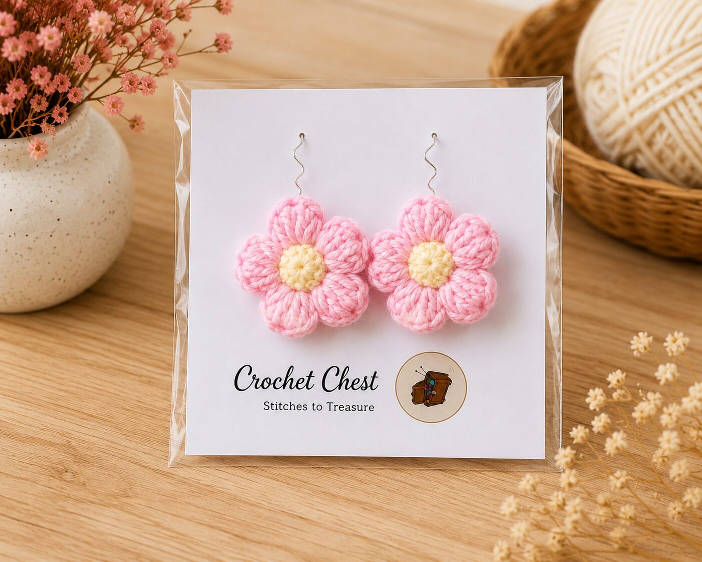 Handmade Pink Crochet Flower Earrings Lightweight Floral Dangle Jewelry