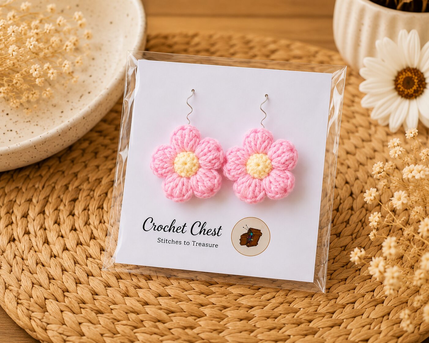 Handmade Pink Crochet Flower Earrings Lightweight Floral Dangle Jewelry - Image 2