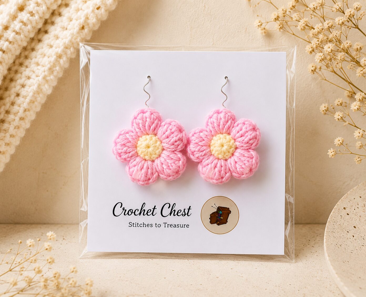 Handmade Pink Crochet Flower Earrings Lightweight Floral Dangle Jewelry - Image 3