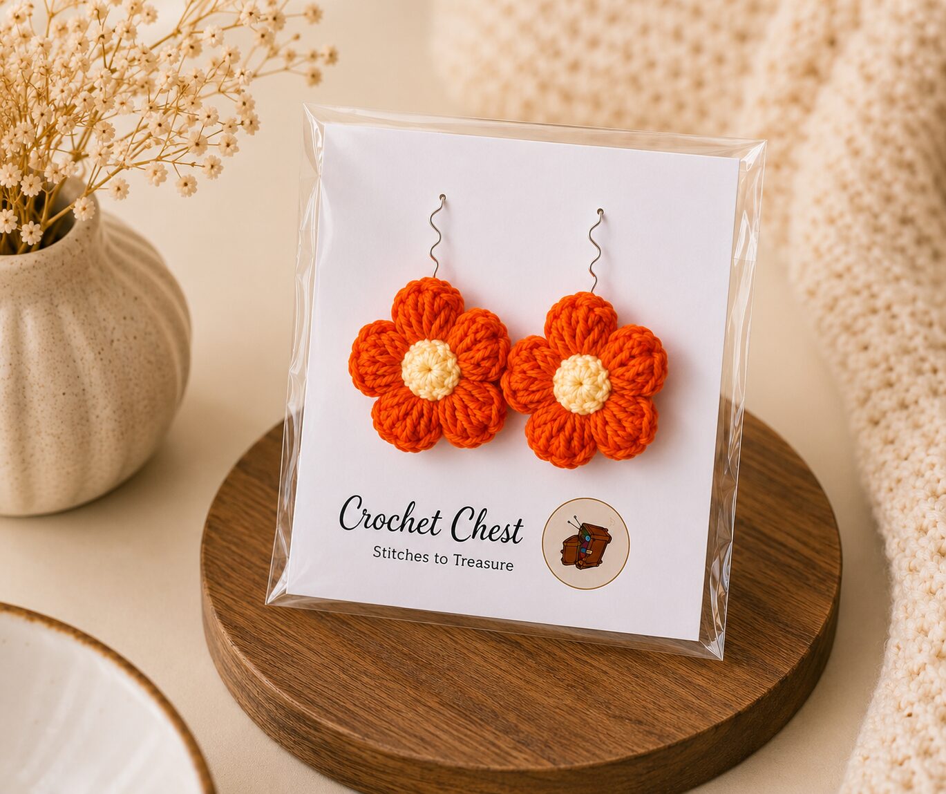 Handmade Orange Crochet Flower Earrings Lightweight Floral Dangle Jewelry