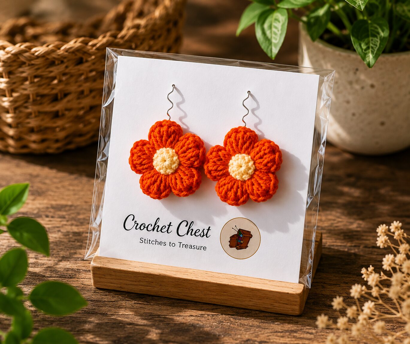 Handmade Orange Crochet Flower Earrings Lightweight Floral Dangle Jewelry - Image 2