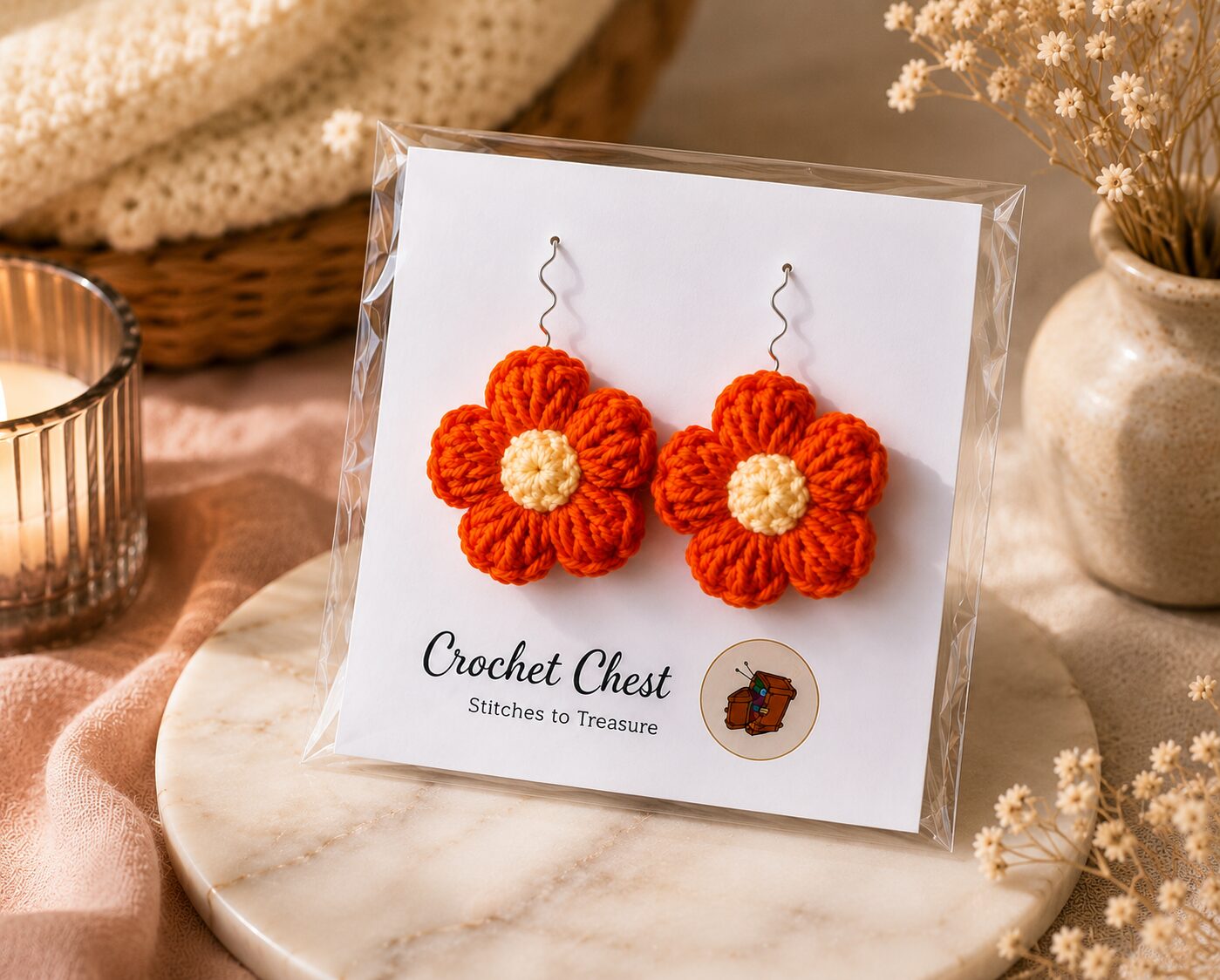 Handmade Orange Crochet Flower Earrings Lightweight Floral Dangle Jewelry - Image 3