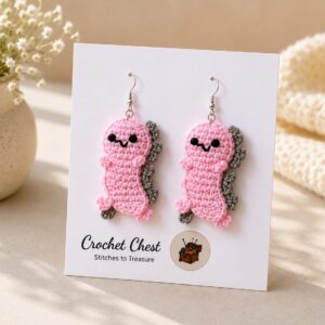 Handmade Pink Crochet Axolotl Earrings Cute Amigurumi Dangle Jewelry
