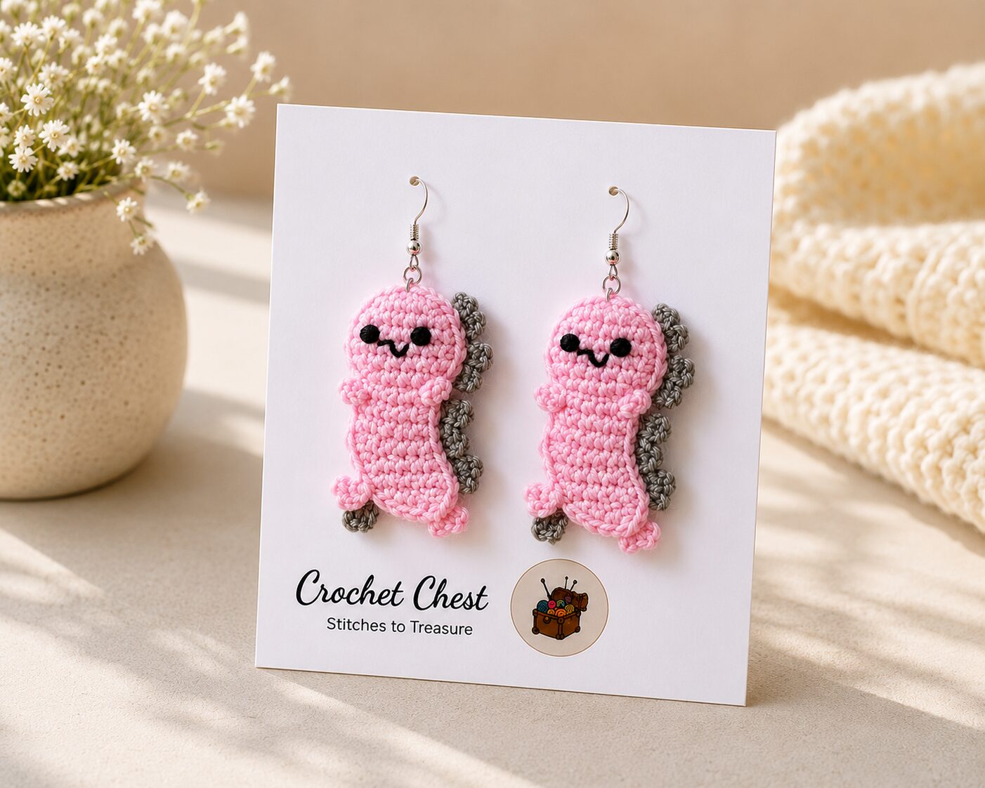 Handmade Pink Crochet Axolotl Earrings Cute Amigurumi Dangle Jewelry