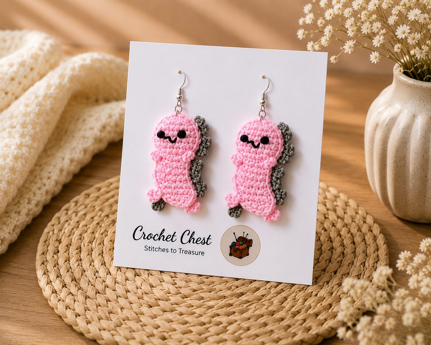 Handmade Pink Crochet Axolotl Earrings Cute Amigurumi Dangle Jewelry - Image 2