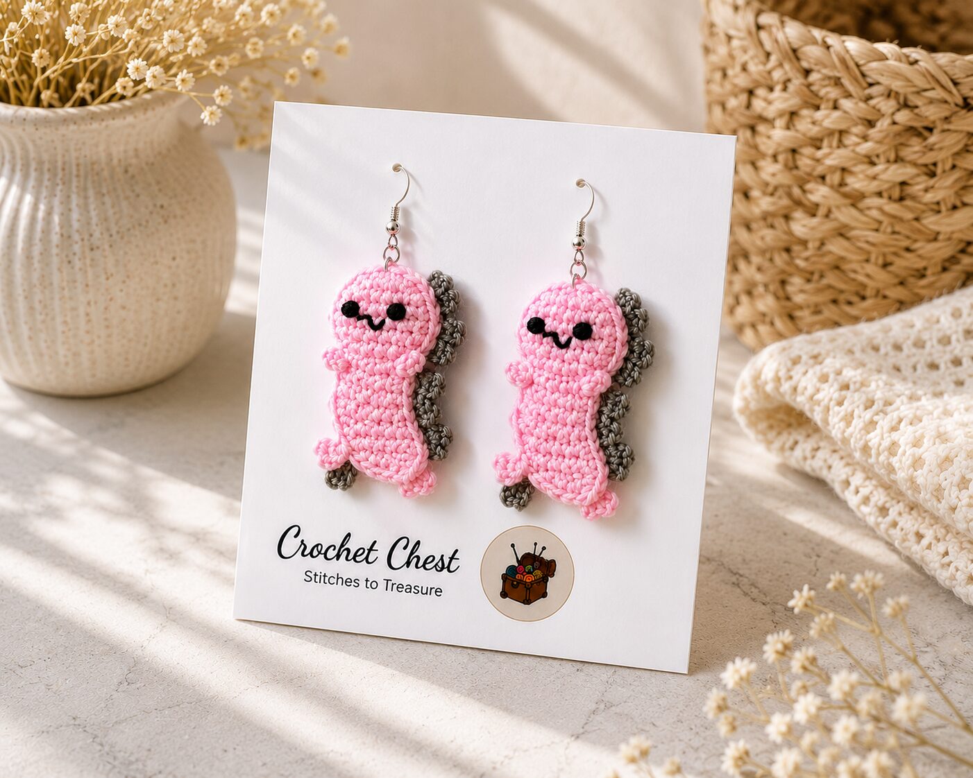Handmade Pink Crochet Axolotl Earrings Cute Amigurumi Dangle Jewelry - Image 3