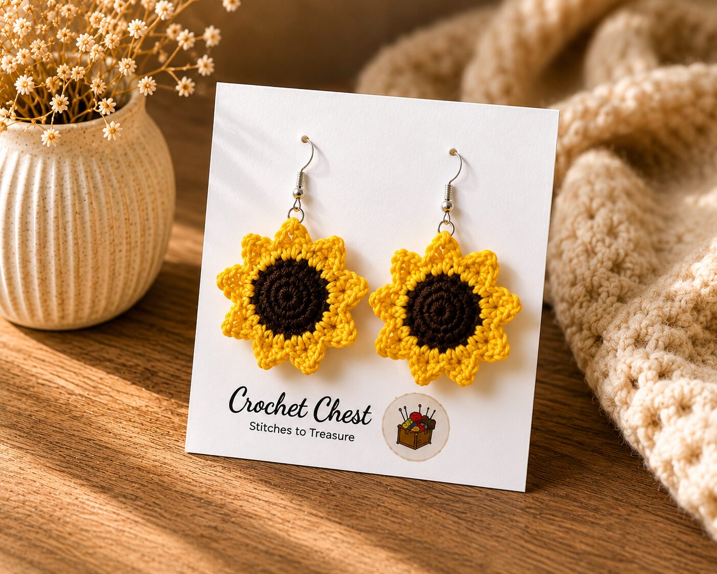 Handmade Sunflower Crochet Earrings Floral Dangle Jewelry Nature Inspired - Image 2