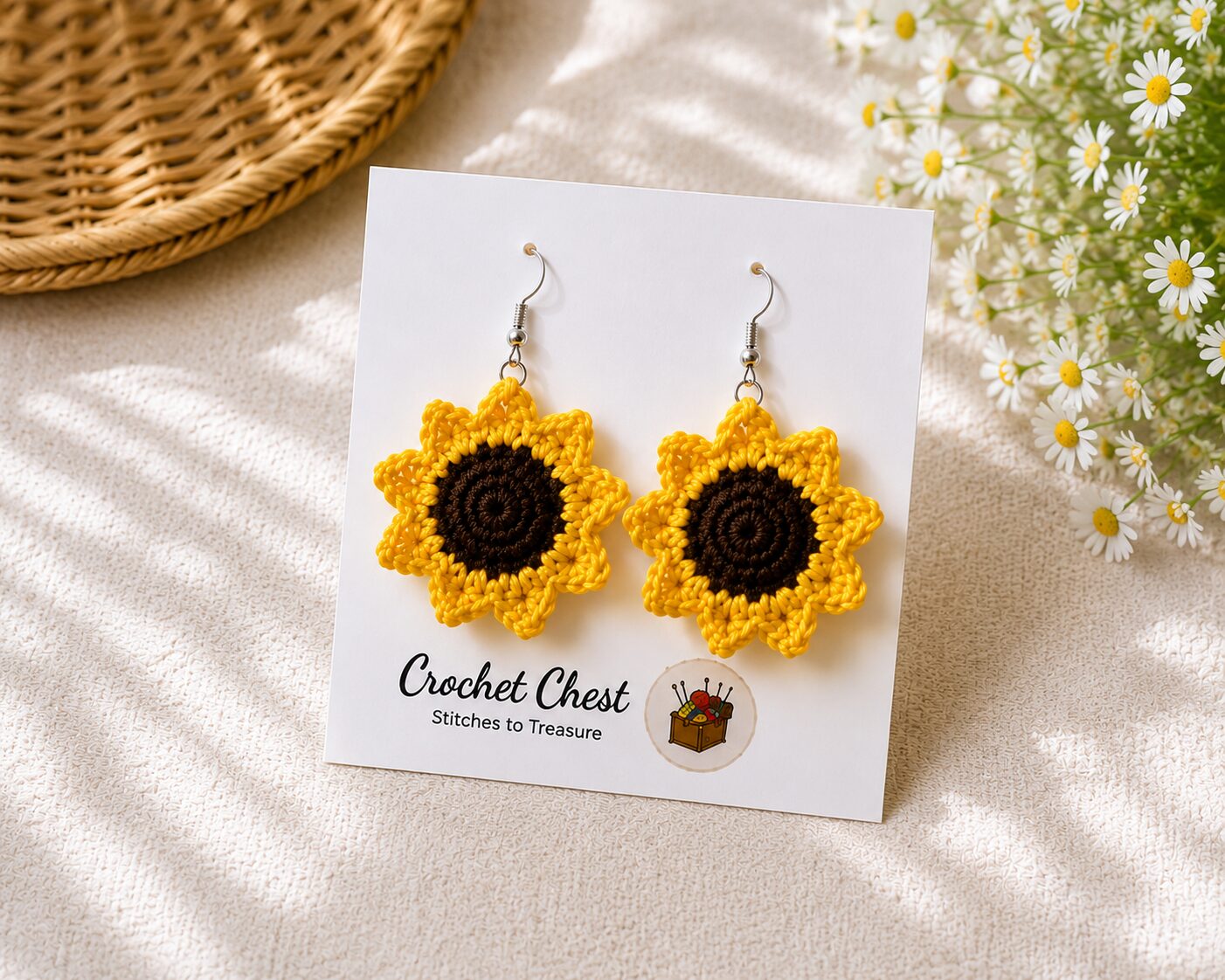 Handmade Sunflower Crochet Earrings Floral Dangle Jewelry Nature Inspired