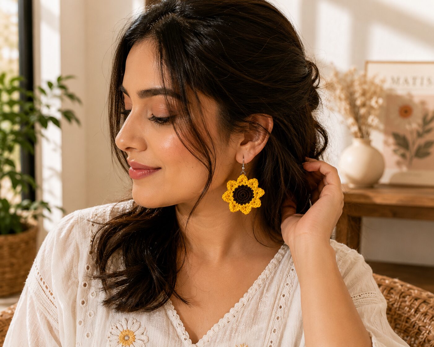 Handmade Sunflower Crochet Earrings Floral Dangle Jewelry Nature Inspired - Image 3