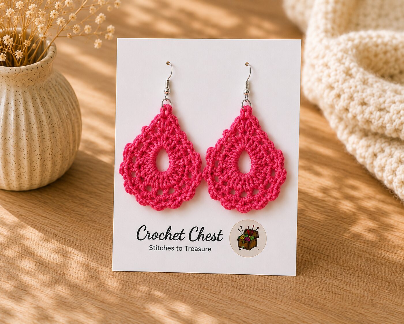 Handmade Pink Crochet Lace Earrings Lightweight Boho Dangle Jewelry